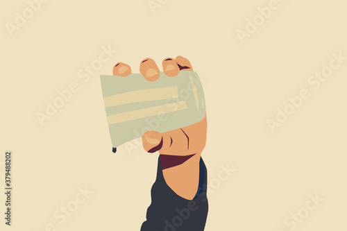 Concept of drought, running out of water, dry summer, global warming. Hand holding an empty glass of water with just one drop falling down. Arid colors with a pallid yellow background. Illustration