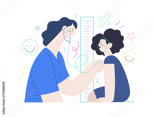 Pediatrics - medical insurance -modern flat vector concept digital illustration - female pediatrician carrying out the auscultation of a little girl with a stethoscope, medical office or laboratory
