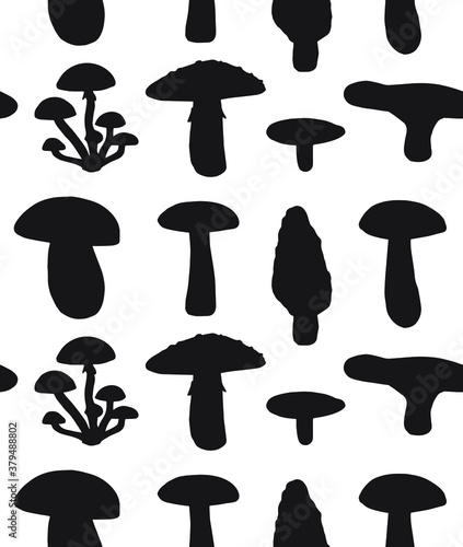Vector seamless pattern of hand drawn mushroom silhouette isolated on white background