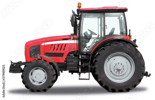 Red tractor from one side, isolated on white background.