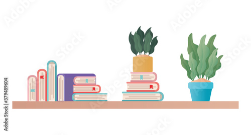 shelf with books and plants vector design