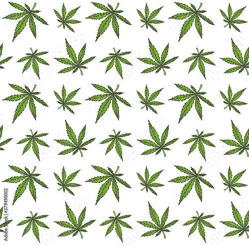 Vector seamless pattern of colored hand drawn doodle sketch marijuana hemp leaves isolated on white background