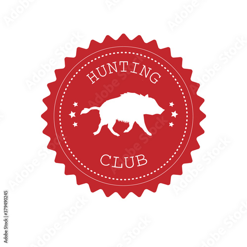 Vector flat retro round hunting logo with wild boar silhouette isolated on white background