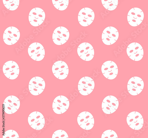 Vector seamless pattern of white flat face beauty mask isolated on pink background