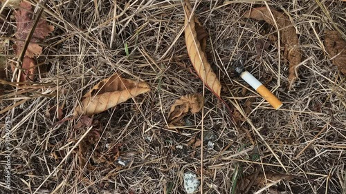 Hand held shot of cigarette smoking in dry grass potential wild fire starter cause of California wild fire photo