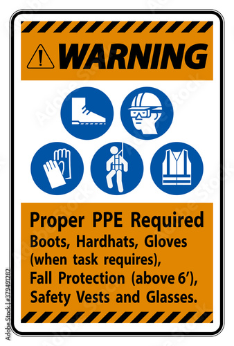 Warning Sign Proper PPE Required Boots, Hardhats, Gloves When Task Requires Fall Protection With PPE Symbols