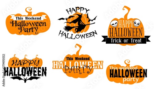 Happy Halloween isolated icons with typography set. Eerie vector symbols decorated with orange pumpkins, black silhouettes of bats, witch fly on broom and creepy skulls. Halloween party signs design