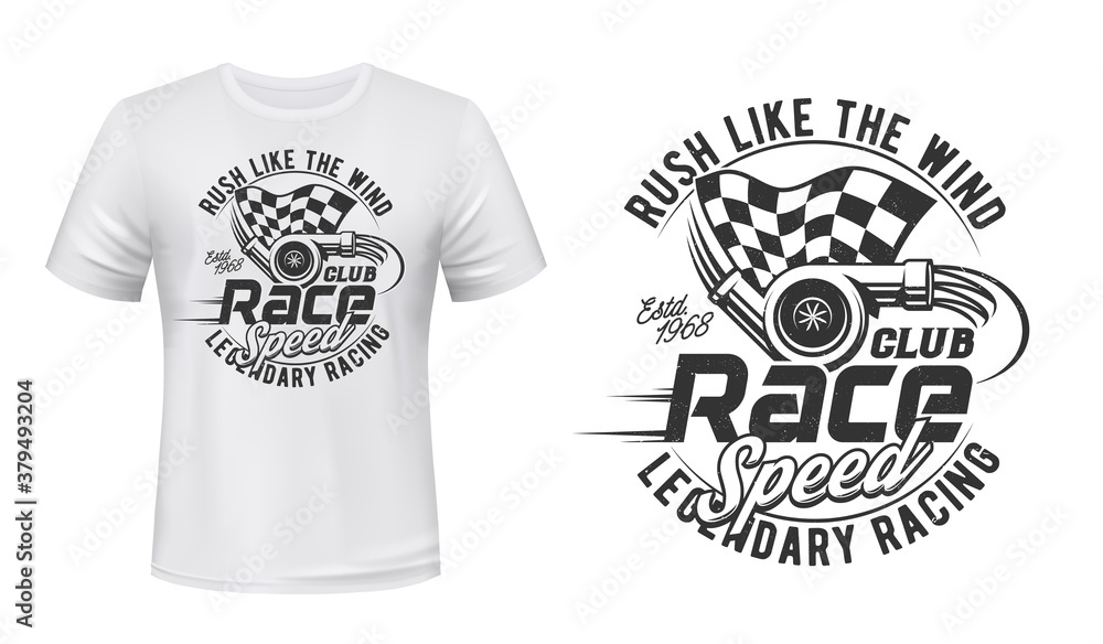 Car racing club t-shirt vector print. Vehicle engine gas turbine ...
