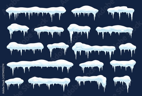 Snow caps with icicles, vector snowballs and snowdrifts. Winter snowy decoration, christmas design elements. Long and short icy roof framing with icicles, cartoon icons set isolated on blue background