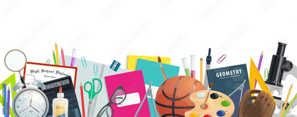 School supplies vector banner of education and back to school design. Student stationery border with books, pencils, calculator and microscope, pens, notebooks and paint, tubes, scissors and glasses - obrazy, fototapety, plakaty 