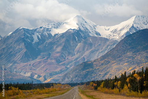 Stunning Haines Junction located in the northern Yukon Territory, Canada. Taken in the autumn with stunning yellow fall colored and snow capped mountains. 