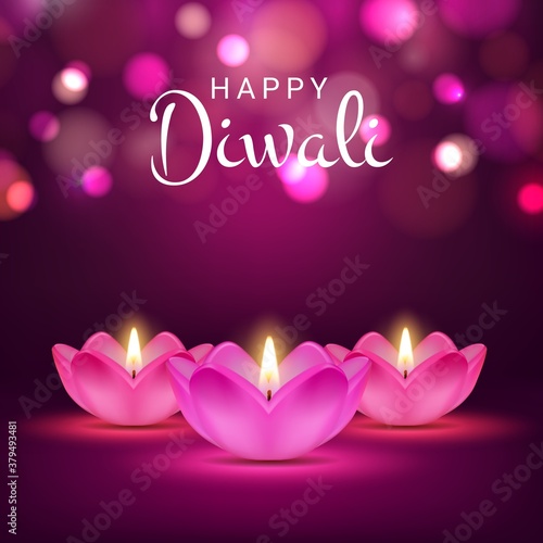 Happy Diwali vector poster, indian festival of lights, Hindu Deepavali holiday card with realistic burning fire in lotus flowers. Diwali greeting card design with 3d lamps on blurred purple background