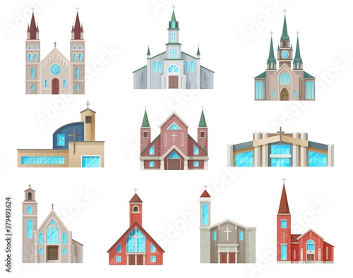 Catholic church buildings vector icons. Isolated cathedral, chapels and monastery facades. Medieval and modern churches design, christian evangelic religious cartoon architecture exterior symbols set