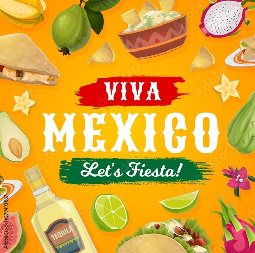 Viva Mexico fiesta party food and drink vector design. Mexican tacos, tequila and avocado guacamole with corn tortilla nachos, quesadilla, guava, lime and bougainvillea flowers, festive poster