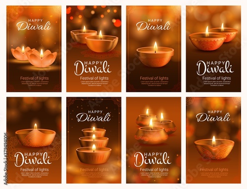 Diwali festival of light vector banners with diya lamps. Indian Hindu religion holiday oil lamps with fire flames greeting cards with rangoli decorations, paisley pattern and bokeh light effects