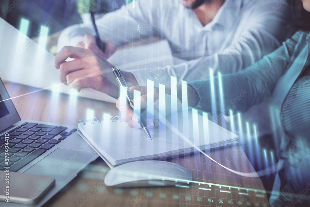 Double exposure of forex chart drawing over people taking notes background. Concept of financial analysis Double exposure of forex chart drawing over people taking notes background. Concept of financial analysis