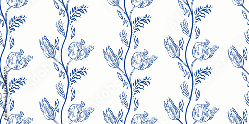 Vertical blue antique porcelain floral border. Vintage kitchen, hand drawn botany tulip garland design. Line art florals on white background. Elegant nature background. Perefect for kitchen utensils