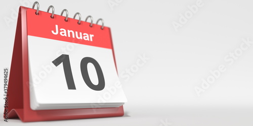 January 10 date written in German on the flip calendar page. 3d rendering