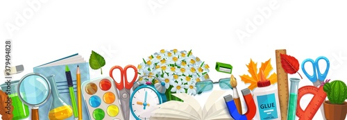 Education vector banner with border of school supplies. Student books, pens and pencils, paint, brush, scissors and chemical flasks, rulers, glasses and magnifier, pupils stationery and school items
