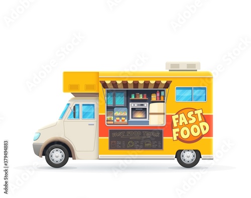 Fast food truck isolated vector car, cartoon yellow van for street junk food selling. Cafe or restaurant on wheels, transportation with chalkboard menu, fastfood assortment and oven for cooking meals