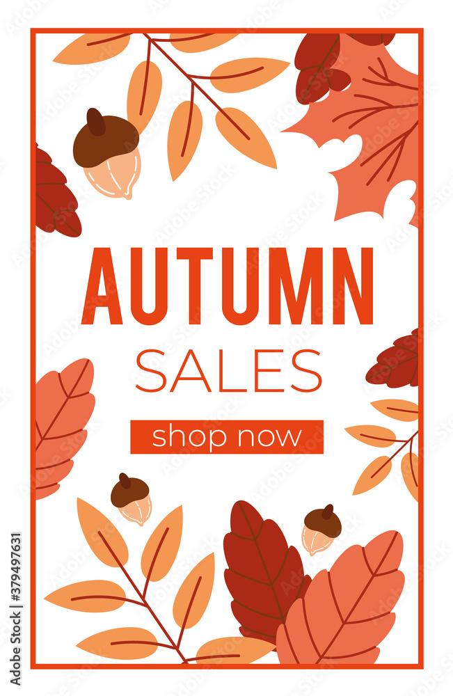 autumn sale poster with lettering and leafs pattern in white background