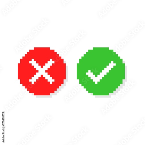 Pixel art 8-bit check mark and cross mark. Tick and cross sign.  Circle shape YES and NO button.  - isolated vector illustration
