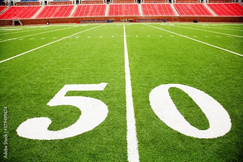 The 50 yard line on a football field, Southern Methodist University, University Park, Dallas County, Texas, USA photo