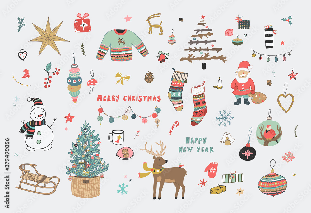 Fototapeta premium Winter Christmas objects hand drawn vector illustrations set.