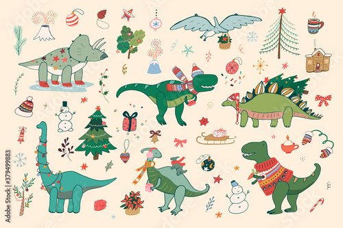 Dinosaur christmas happy new year doodle hand drawn vector illustrations set
