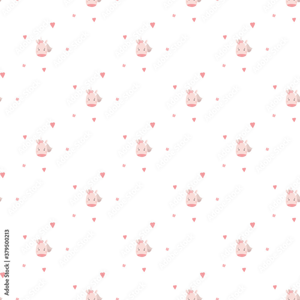Seamless patterns. Childrens collection in the Scandinavian style. Cute unicorn girl with hearts on a white background. Vector illustration. For childrens design, textiles, packaging and wallpaper