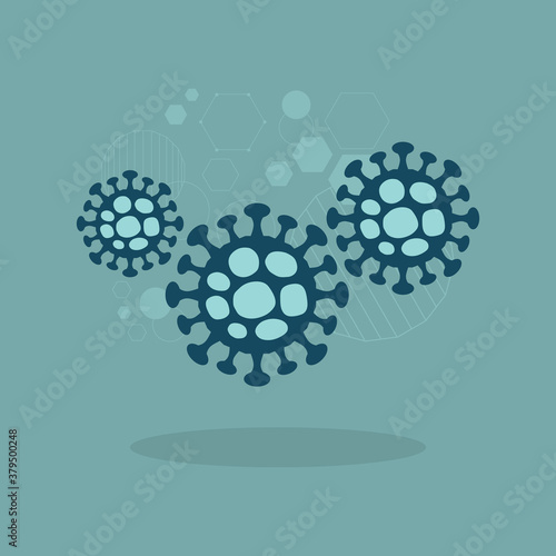 Abstract modern group of electron micrograph Coronavirus COVID-19 cell structure model icons and shadow on teal background