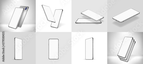 Template smartphone with blank white desiplay. Rotated position mobiles phones mockup. Vector smartphone from different angles in realistic style. 3D phones for banner, flyer, web design and other