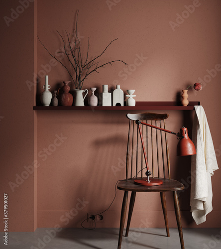 Chair with lamp and vases on shelf close up in dark brown interior, 3d render photo