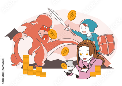 スマホゲームで課金する女性　目がお金　RPG系