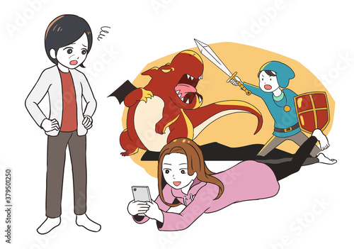 スマホゲームで遊ぶ女性　呆れる母親