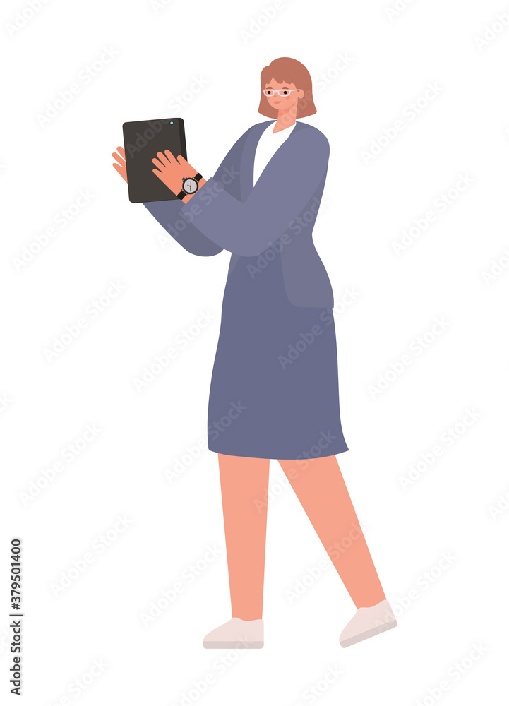 woman with brown hair skirt and tablet working vector design woman with brown hair skirt and tablet working vector design