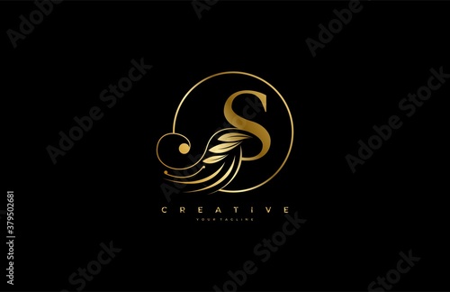 Initial S letter luxury beauty flourishes golden monogram rounded shape logo