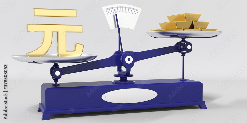 Yuan renminbi symbol outweighs gold bars on balance scales. Financial market trend conceptual 3d rendering