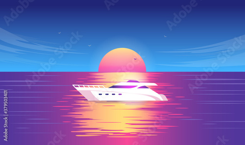 Yacht in sunset - Luxury boat sailing at sea in beautiful sunrise or sunset. Rich vacation, travel and adventure at sea concept. Vector illustration. © Knut