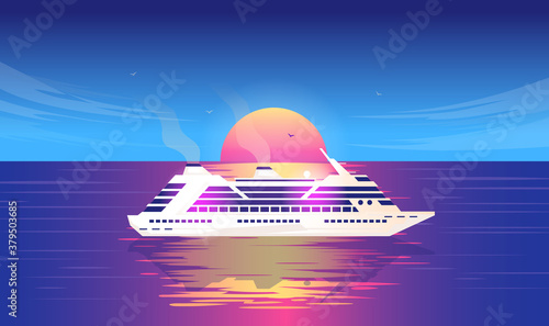 Cruise vacation - Cruise ship sailing in open water on sea with sunset in background. Travel, holiday, getting away and relax concept. Vector illustration.
