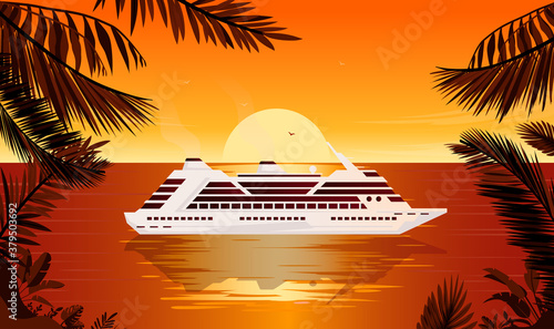Midnight cruise in tropical environment - Vector illustration of cruice ship sailing in front of sun with palm trees in front. Vacation, relaxing trip, and luxury getaway concept.