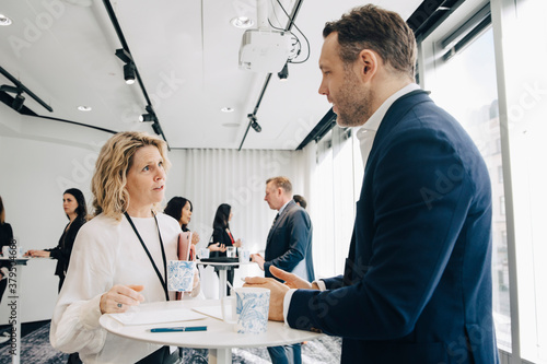 Businesswoman talking to professional at workplace