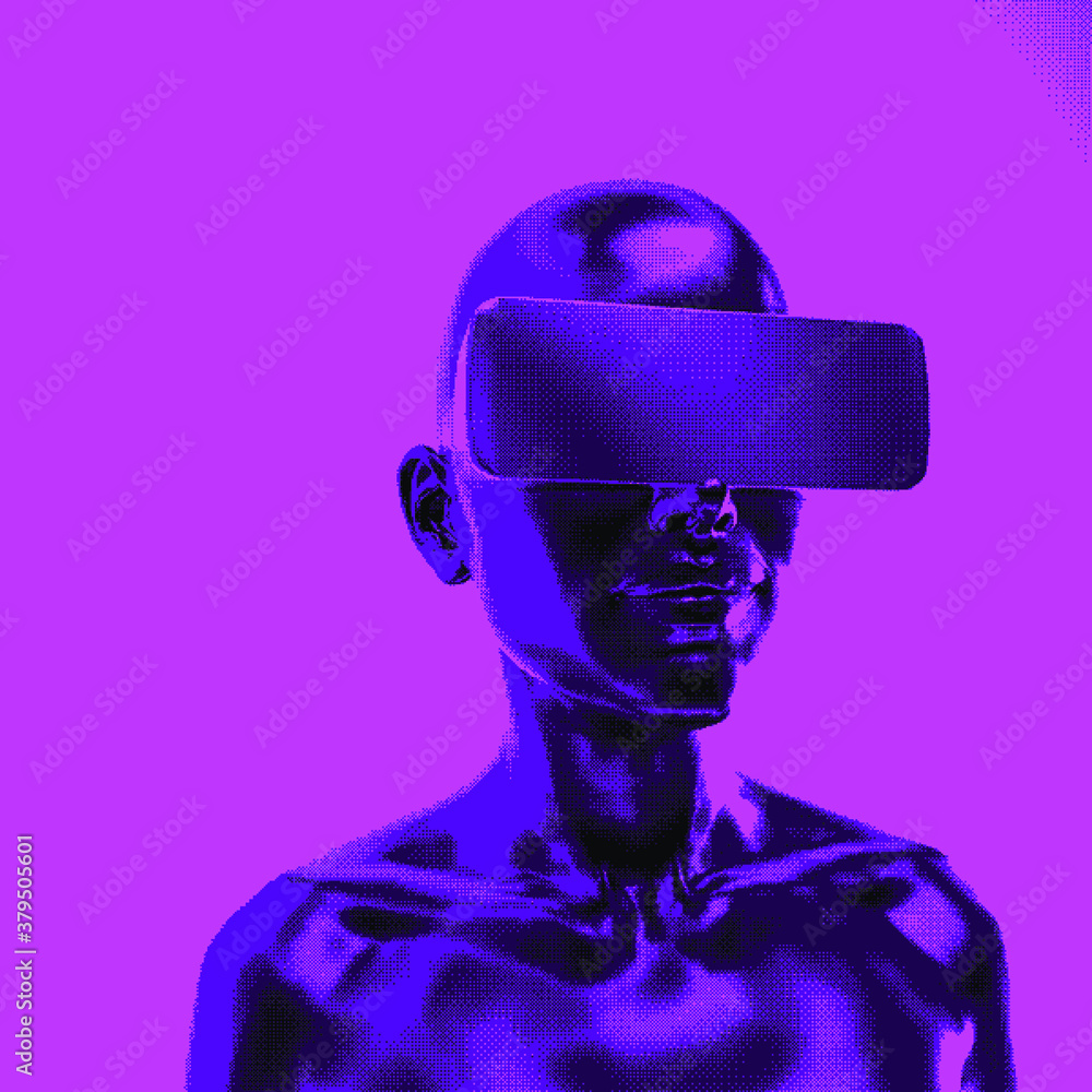 Woman in VR glasses in pixel art style. Retrofuturistic illustration for cover, poster and t-shirt print. Woman in VR glasses in pixel art style. Retrofuturistic illustration for cover, poster and t-shirt print.
