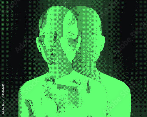 Glitchy bifurcated human silhouette made of pixels. Conceptual illustration of Cyber and Internet Security, Anonymous hacker.