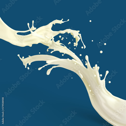 Splash of white fat milk as design element for template isolated on blue background