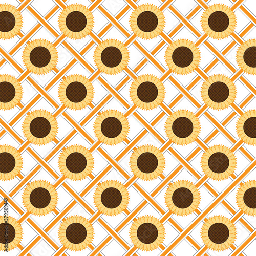 Sunflower seamless pattern with orange and white ribbons background.