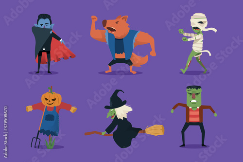 Halloween character collection. Vampire, werewolf, mummy, scarecrow, witch, frankenstein