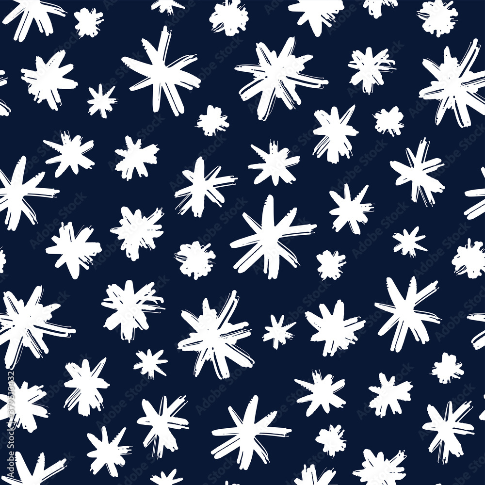 White ink snowflakes isolated on dark blue background. Snowy festive seamless pattern. Vector flat graphic hand drawn illustration. Texture. White ink snowflakes isolated on dark blue background. Snowy festive seamless pattern. Vector flat graphic hand drawn illustration. Texture.