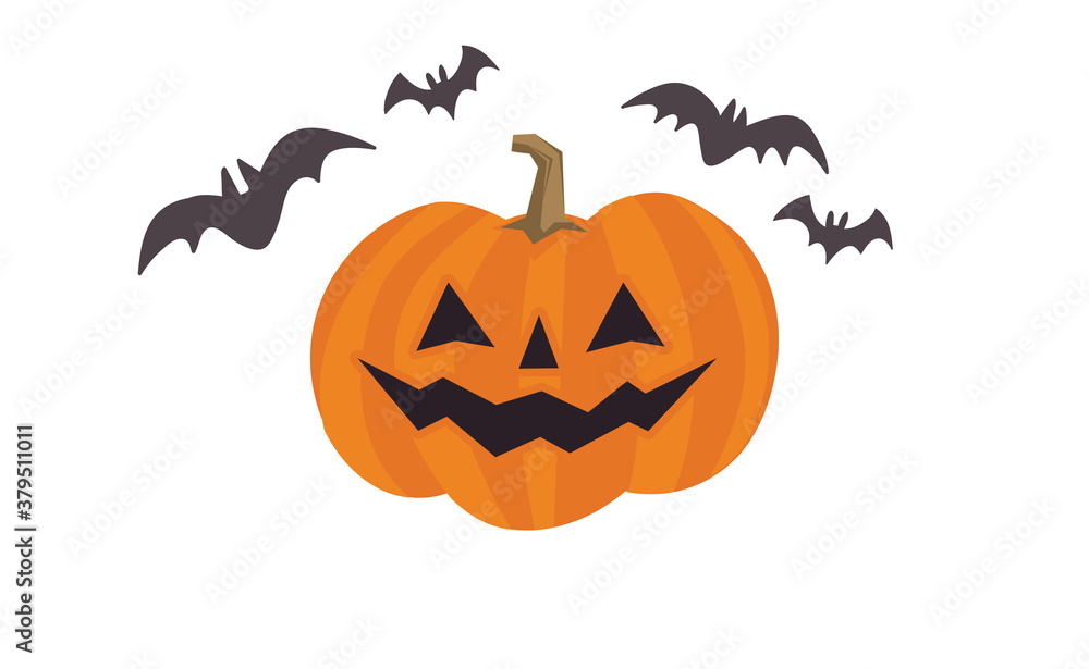 Happy Halloween design. Cute pumpkin with carved smile face, spooky season. Flying bats. Funny illustration. Trick or treat decoration. Happy Halloween design. Cute pumpkin with carved smile face, spooky season. Flying bats. Funny illustration. Trick or treat decoration.