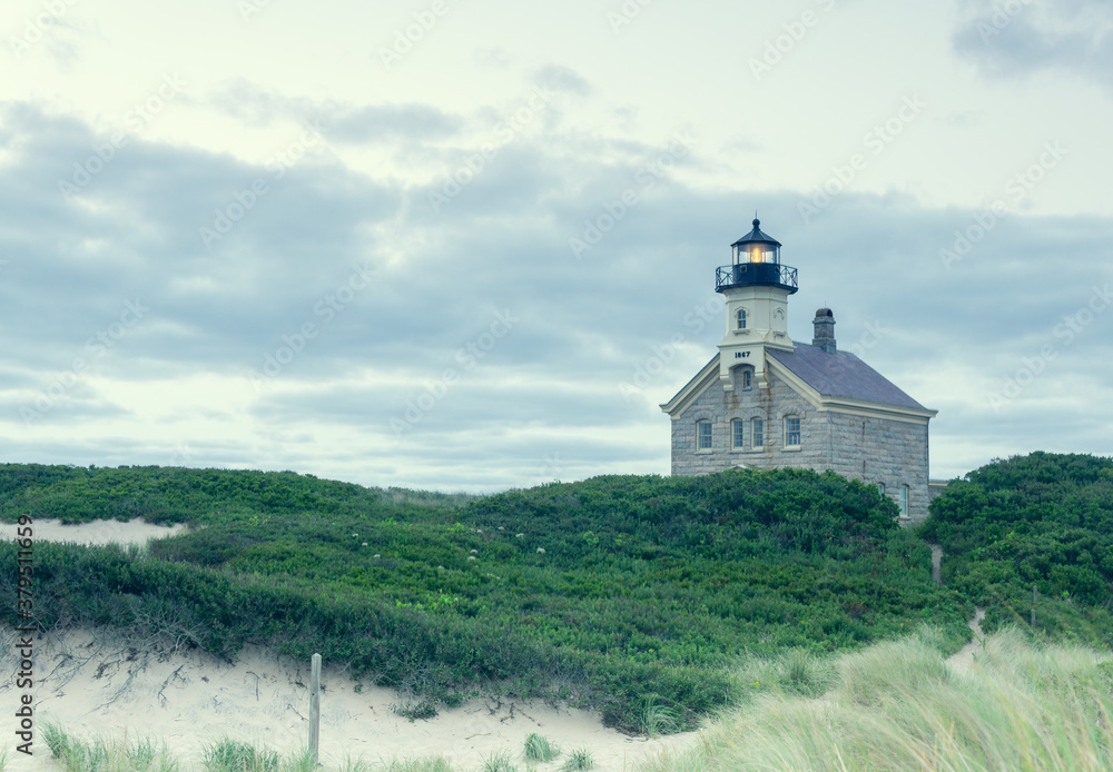 Block Island, RI / United States - Sept.16, 2020: Early morning view of the historic Block Island North Light.